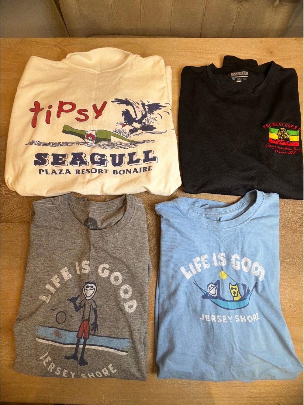 Men's Beach Vacation Shirt Lot 4pc XL Life Is Good Jersey Shore Tipsy Seagull